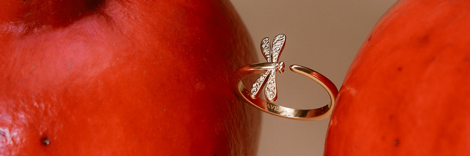 Goldener Libellula-Ring zwischen roten Granatäpfeln