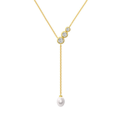 Lariat-Brautkette „Tiffany“ aus Sterling Silber mit Zirkonia und Perle, gold.