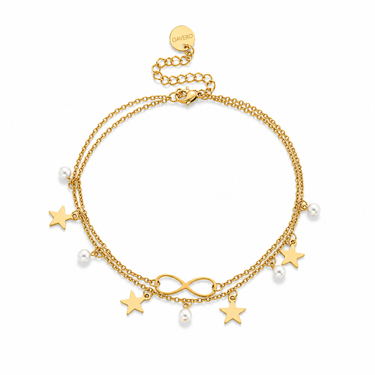 Via Lattea Armband Gold mit Sternen, Kunstperlen und GAVERO Tag